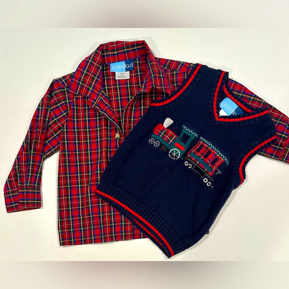 2T Good Lad Plaid Button Down Shirt and Navy Blue Train Sweater Vest Set